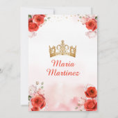 Rode Bloemen Prinses Jurk Gouden Kroon Quinceañera Kaart (Achterkant)