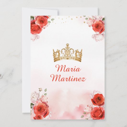 Rode Bloemen Prinses Jurk Gouden Kroon Quinceañera Kaart (Achterkant)
