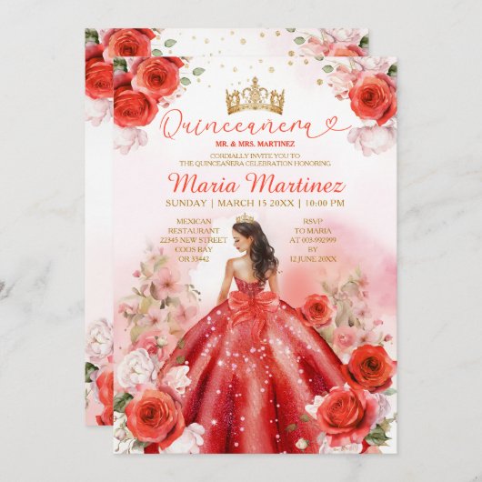 Rode Bloemen Prinses Jurk Gouden Kroon Quinceañera Kaart (Voorkant / Achterkant)