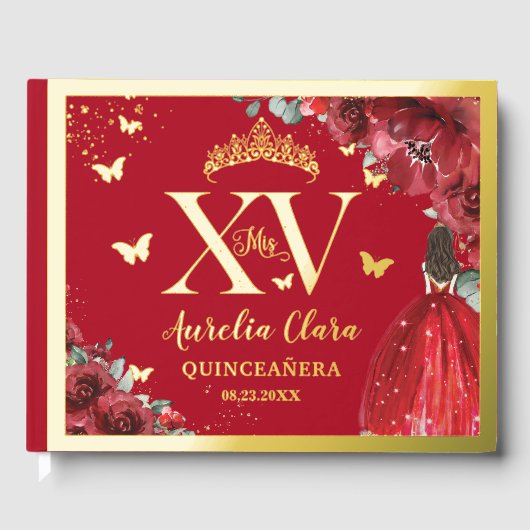 Rode Bloemen Prinses Jurk Quinceañera Quince Gold Gastenboek (Voorkant)