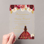 Rode Bloemen Prinses Quinceañera Acryl Uitnodigingen (Insitu (Draagbaar))