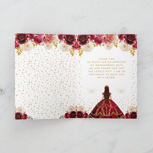 Rode Bloemen Prinses Quinceañera Bedankkaart (Binnen)
