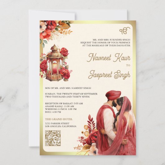 Rode Bloemen QR Code Anand Karaj Sikh Bruiloft Kaart (Voorkant)