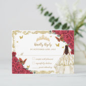 Rode Bloemen Quinceañera Ivoor Wit Jurk Prinses RSVP Kaartje (Staand voorkant)