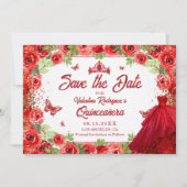 Rode Bloemen Quinceanera kroon Save the Date (Voorkant)