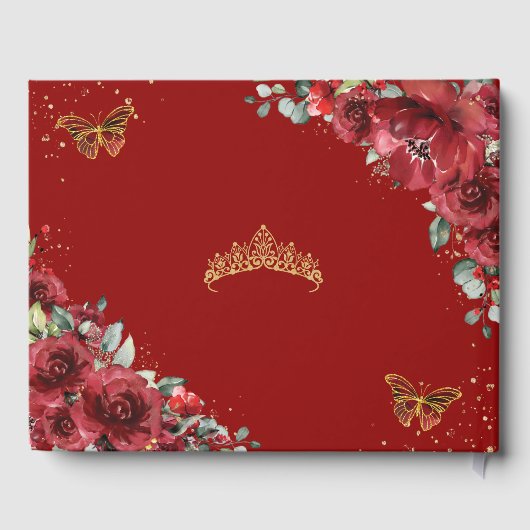 Rode Bloemen Quinceanera Sweet 16 Gouden Vlinders Gastenboek (Achterkant)