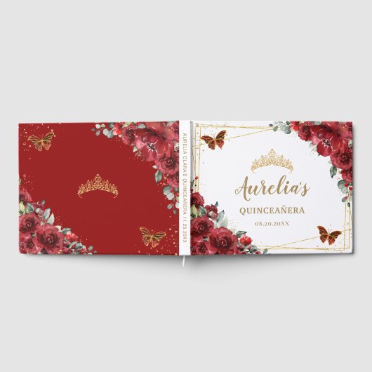 Rode Bloemen Quinceanera Sweet 16 Gouden Vlinders Gastenboek (Volledig)