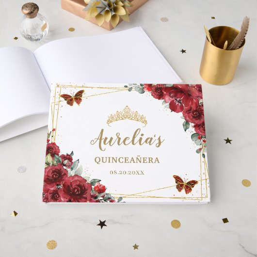Rode Bloemen Quinceanera Sweet 16 Gouden Vlinders Gastenboek (Voorkant open)