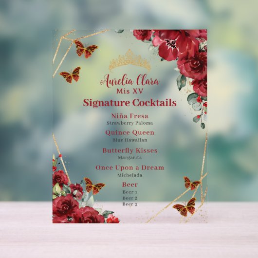 Rode Bloemen Quinceanera Verjaardag Bar Drink Menu Acryl Bord (Neutraal)