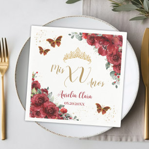 Rode Bloemen Quinceanera Verjaardag Gouden Vlinder Servet