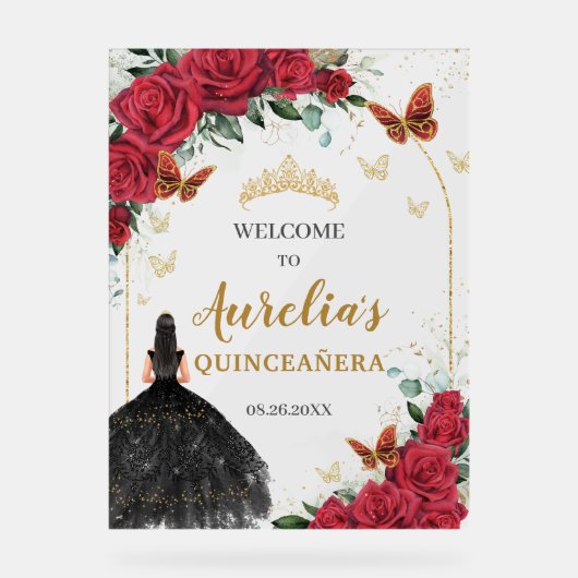 Rode Bloemen Quinceañera Zwarte Jurk Vlinders Acryl Bord (Voorkant)