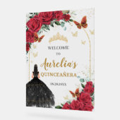 Rode Bloemen Quinceañera Zwarte Jurk Vlinders Acryl Bord (Hoek)