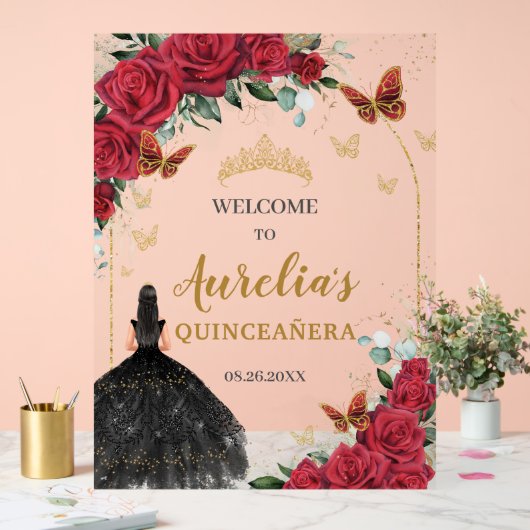 Rode Bloemen Quinceañera Zwarte Jurk Vlinders Acryl Bord (Huwelijk)