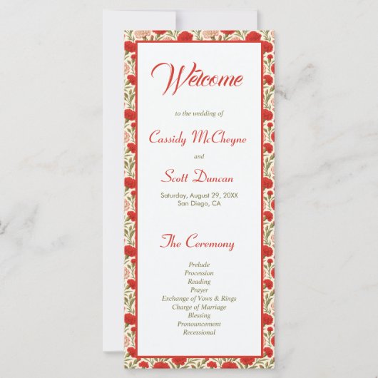 Rode bloemen romantisch huwelijksprogramma (Voorkant)