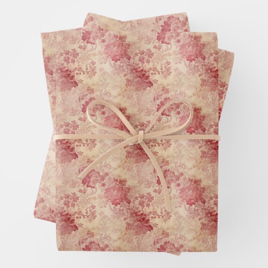  rode bloemen rozen en faux gouden damast inpakpapier vel (In situ)