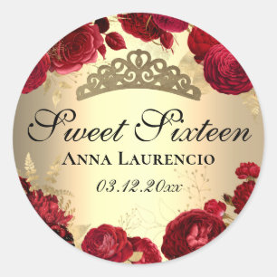 Rode Bloemen Rozen Gold Sweet Sixteen Ronde Sticker