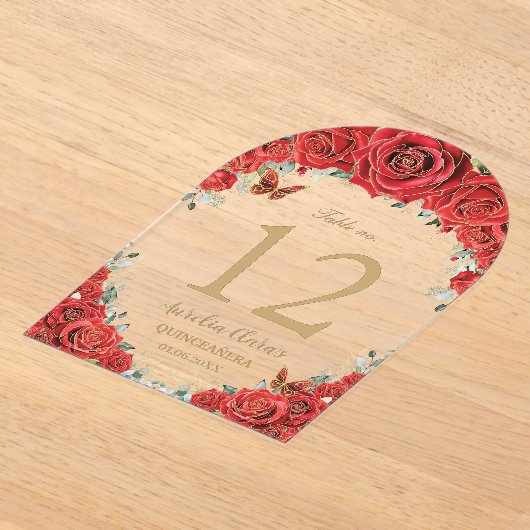 Rode Bloemen Rozen Goud Quinceañera 16 Tafelnummer (Laagn)