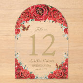 Rode Bloemen Rozen Goud Quinceañera 16 Tafelnummer (Voorkant)
