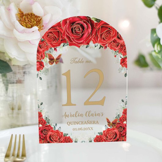 Rode Bloemen Rozen Goud Quinceañera 16 Tafelnummer