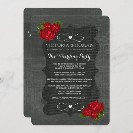 Rode Bloemen Rozen Hout Gotische Bruiloft Programm Programmakaart (Voorkant / Achterkant)