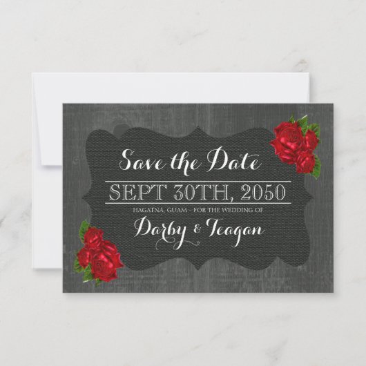 Rode bloemen Rozen Jute Hout Gotisch Bewaar de dat Save The Date (Voorkant)