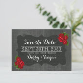 Rode bloemen Rozen Jute Hout Gotisch Bewaar de dat Save The Date (Staand voorkant)