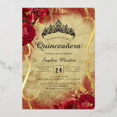 Rode Bloemen Scroll Quinceanera Folie Uitnodiging (Voorkant)