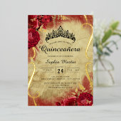 Rode Bloemen Scroll Quinceanera Folie Uitnodiging (Staand Voorkant)