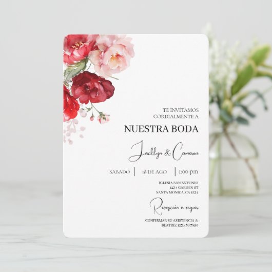 Rode Bloemen Spaanse bruiloft uitnodiging (Staand voorkant)