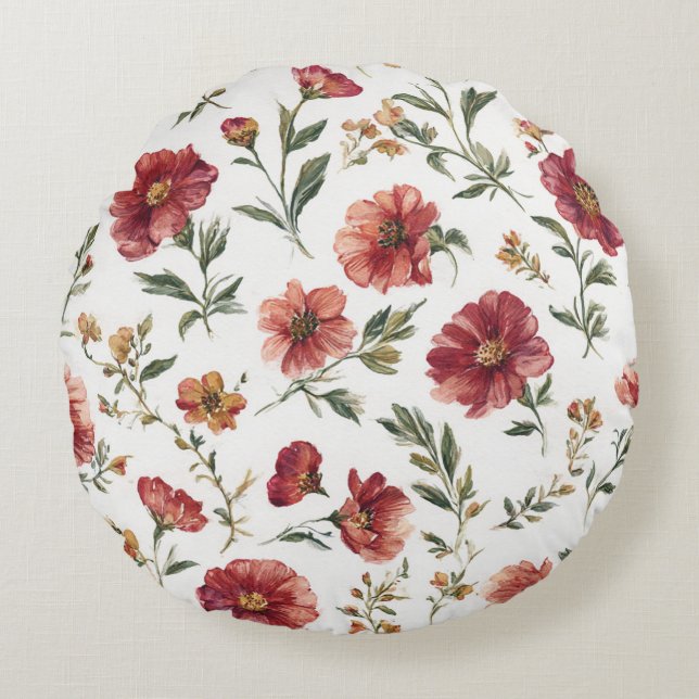 Rode Bloemen Strepen Rond Kussen (Voorkant)