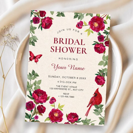 Rode bloemen tak bruidsshower kaart