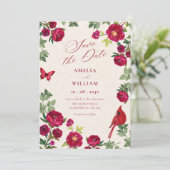 Rode bloemen tak save the date (Staand voorkant)