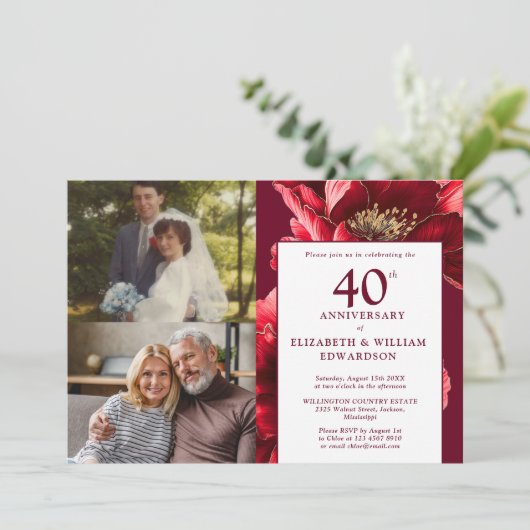 Rode Bloemen Toen En Nu 40e Jubileum 2 Foto Kaart (Staand voorkant)