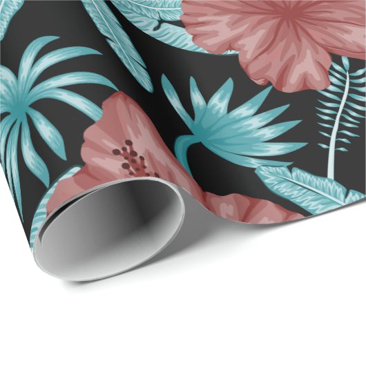 Rode bloemen tropisch naadloos patroon &blauwe bla cadeaupapier (Rol Hoek)