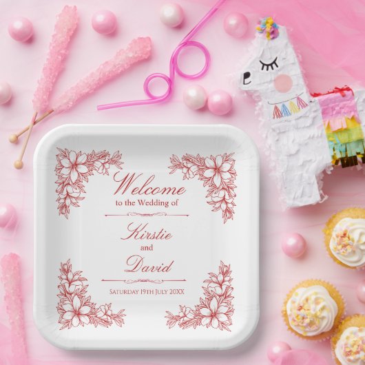 Rode  Bloemen Trouwpapier Borden Papieren Bordje (Feest)