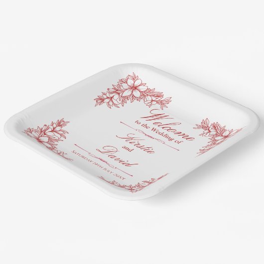 Rode  Bloemen Trouwpapier Borden Papieren Bordje (Gebogen)