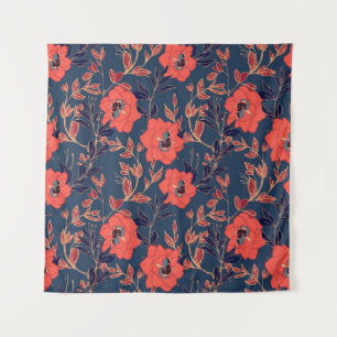 Rode bloemen van rozen en pinda's met bladeren en  wandkleed