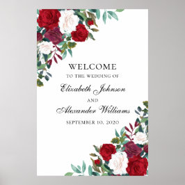 Rode bloemen verwelkomen gebarsten. Boho bruiloft Poster