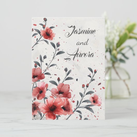 Rode Bloemen Vintage bruiloft Kaart (Staand voorkant)