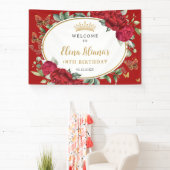 Rode Bloemen Vlinders 18e Verjaardag Sweet 16 Spandoek (Insitu)