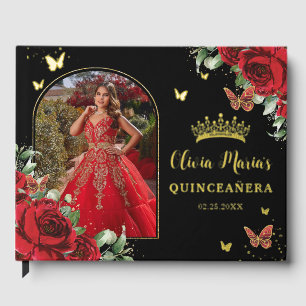 Rode Bloemen Vlinders Zwart Quinceañera Foto Gastenboek
