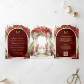 Rode Bloemen Vlindertuin Alles in één bruiloft Drieluik Uitnodiging (Binnen)