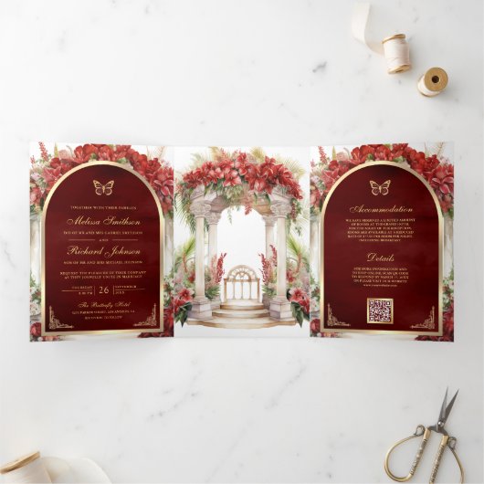 Rode Bloemen Vlindertuin Alles in één bruiloft Drieluik Uitnodiging (Binnen)
