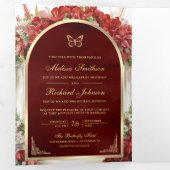 Rode Bloemen Vlindertuin Alles in één bruiloft Drieluik Uitnodiging (Binnenzijde eerst)