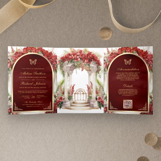 Rode Bloemen Vlindertuin Alles in één bruiloft Drieluik Uitnodiging