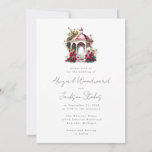 Rode Bloemen Waterverf Gazebo bruiloft uitnodiging (Voorkant)