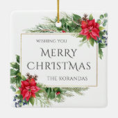 Rode Bloemen Waterverf Kerstvakantie Keramisch Ornament (Achterkant)