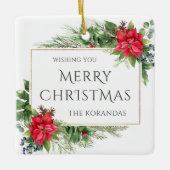 Rode Bloemen Waterverf Kerstvakantie Keramisch Ornament (Voorkant)