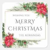 Rode Bloemen Waterverf Kerstvakantie Vierkante Sticker (Voorkant)