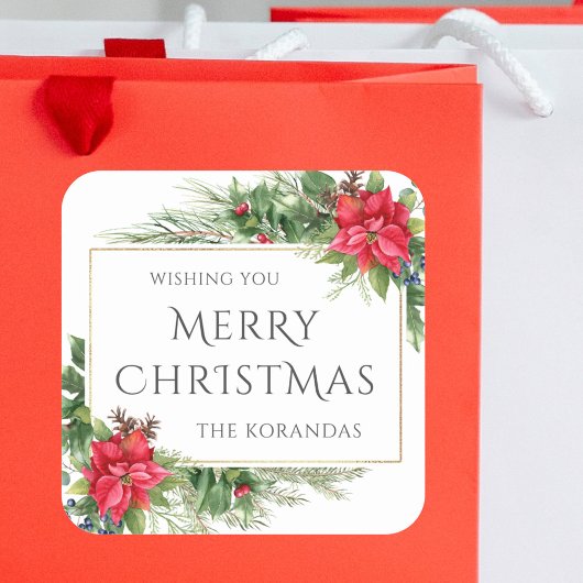 Rode Bloemen Waterverf Kerstvakantie Vierkante Sticker